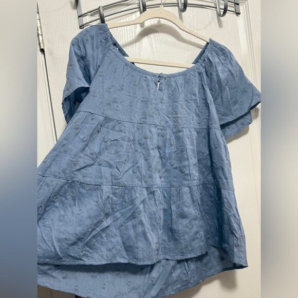 Old Navy Tiered Embroidered Tie-Back Top women’s M blouse Baby Blue boho peasant - Picture 4 of 7